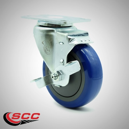 Service Caster 4 Inch SS Blue Polyurethane Swivel Top Plate Caster with Brake SCC-SS20S414-PPUB-BLUE-TLB